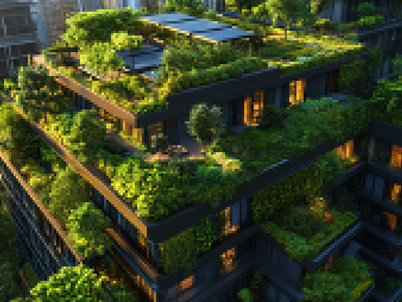Image of a building with plants growing on the roof and balconies
