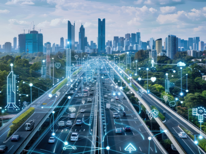 Image of traffic moving through a city highway with representations of networked systems in the city